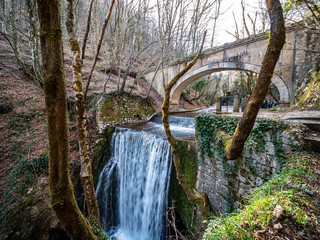 building of the fascist era. Aqueduct with a fascist bridge over the Calore river in Montella, Avellino, Campania, Italy