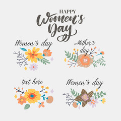 8 march. Happy Woman's Day Vector congratulation card with linear floral wreath