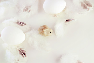 White natural eggs, easter bunny and white feathers. Monochrome, minimal. Happy easter concept.