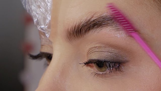 Professional Eyebrow Lamination Procedure. Female cosmetologist combs with a brush and covers the eyebrows of a beautiful patient with polyethylene