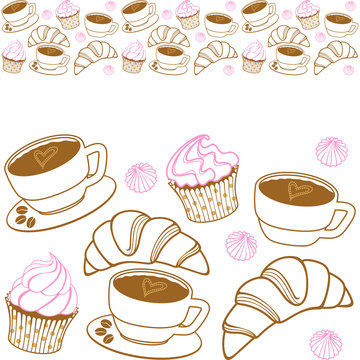 Seamless horizontal border of coffee, cups and saucers, croissants, muffins, meringues. Graphic vector image. Decorative elements. Design for printing on packaging, paper, fabric, textile, menu