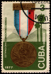 CUBA - CIRCA 1977: postal stamp 3 Cuban centavos printed by Republic of Cuba, shows Medal with...