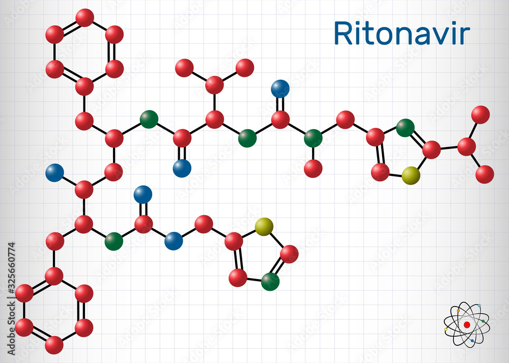 Sticker ritonavir, c37h48n6o5s2 molecule. it is an antiretroviral protease inhibitor, used in therapy of hum