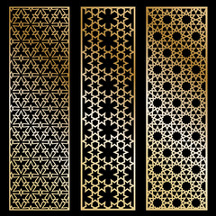 Cutout silhouette panels set with ornamental geometric arabic pattern. Template for printing, laser cutting stencil, engraving. Vector illustration.