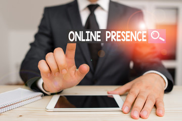 Writing note showing Online Presence. Business concept for existence of an individual can be found...