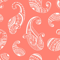 Monochrome Seventies Retro Outline Hand Drawn Paisley Vector Seamless Pattern. Flower Power Feminine Whimsical Classic Textile Print