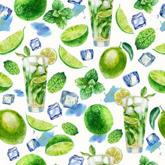 Watercolor illustration, mojito cocktail pattern. A glass with a mojito cocktail, pieces of ice, lime and lime slices, mint, mint leaves. White background.