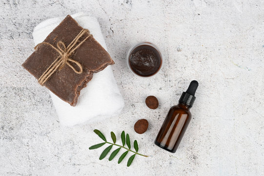 Flat lay skin care. Flat layout with accessories, spa cosmetics, bath salt, cream and towels. Skin care product, natural cosmetic, flat lay image.