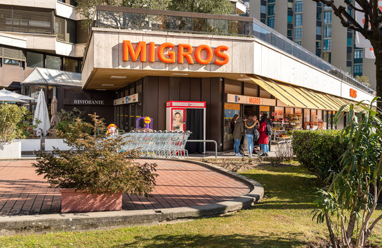 Lugano, Ticino, Switzerland - February 19, 2020: View of the MIGROS supermarket in Lugano, it is the largest supermarket chain in Switzerland. 
