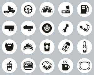 Truck Driver Icons Black & White Flat Design Circle Set Big
