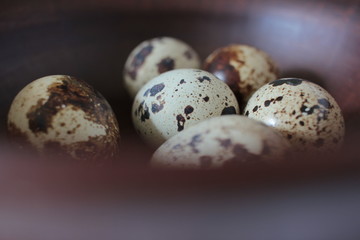 Obraz premium Closeup of quail eggs in a brown ceramic bowl with blurred foreground