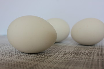 Closeup of White chicken eggs on a white texture background. 