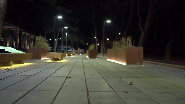Empty night city street, illuminated wooden benches and flowerbeds in front of modern building.