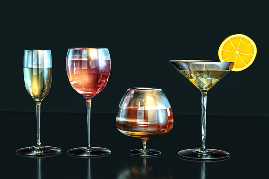 3d illustration of cognac, white wine, red wine, martini glasses lemon slice in row on dark backgroun