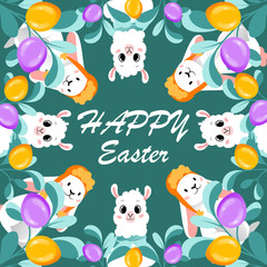 Template Of Happy Easter Postcard. Paschal Egg Ornament Of Multicolored Eggs, Rabbits And Lambs With Happy Easter Inscription In The Center. Cartoon Flat Style. Vector illustration