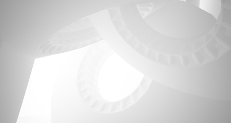 Abstract architectural background, white interior with discs. 3D illustration and rendering.