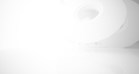 Abstract architectural background, white interior with discs. 3D illustration and rendering.