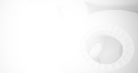 Abstract architectural background, white interior with discs. 3D illustration and rendering.