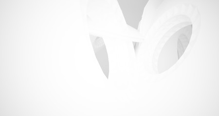 Abstract architectural background, white interior with discs. 3D illustration and rendering.