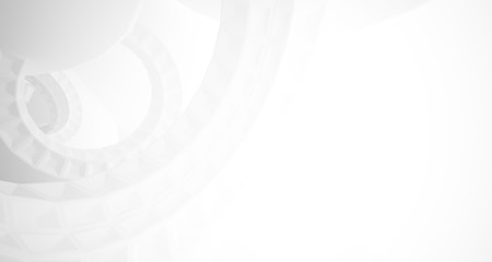 Abstract architectural background, white interior with discs. 3D illustration and rendering.