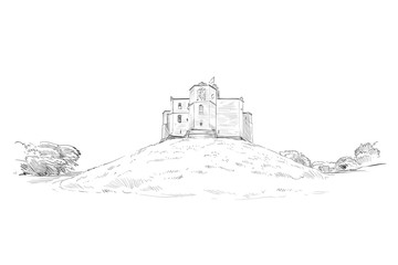 Warkworth Castle. Warkworth Castle.  Great Britain. Euorope. Hand drawn sketch. Vector illustration.