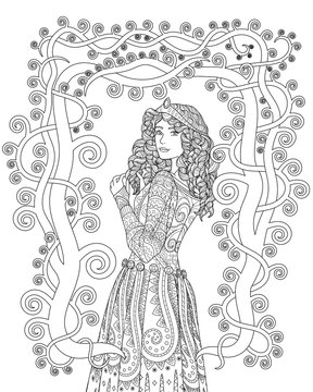 Coloring book for adults with beautiful medieval princess