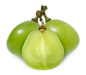 Green grape with leaves isolated on white. Shine Muscat Grape With clipping path.