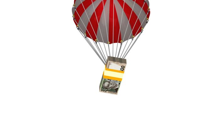 A pack of Ukrainian money is dropping by parachute. A pack of Ukrainian hryvnia flying on a parachute. Footage video