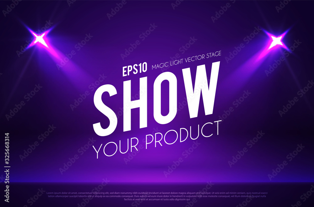 Poster empty scene with shining spotlights. showcase. show your product.