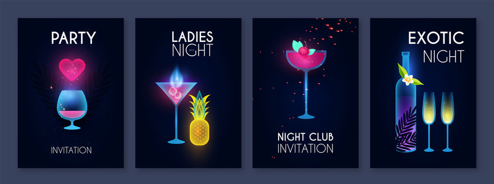 Cocktail party poster template set. Cool bar menu. Neon shining flyer design.