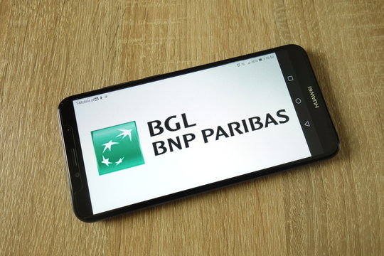 KONSKIE, POLAND - March 11, 2019: BGL BNP Paribas bank logo displayed on smartphone