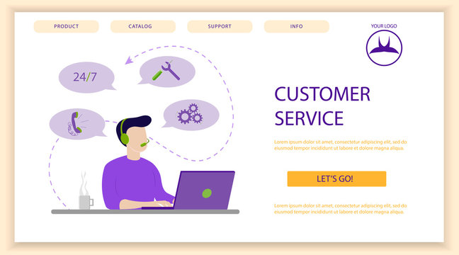 Clients Support, Helpline for Customers, Online Technical Assistance Flat Vector Concept. Call Center Operators in Headset, Sitting at Desk, Communicating, Messaging. Banner, landing, template