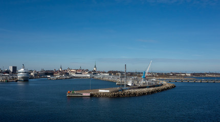 Obraz premium 23 April 2019, Tallinn, Estonia. High-speed passenger and car ferry of the Estonian shipping concern Tallink Silja Europa in the port of Tallinn.