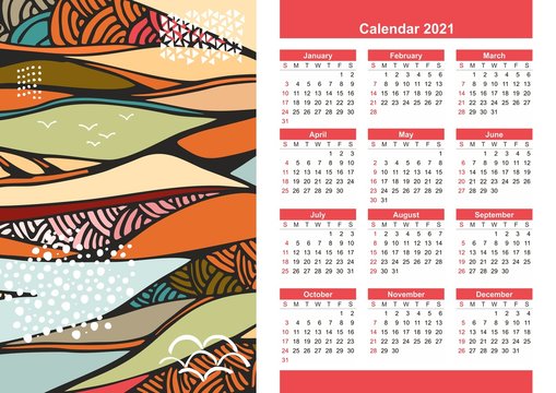 Colorful calendar for 2021 year with abstract print. Vector template.