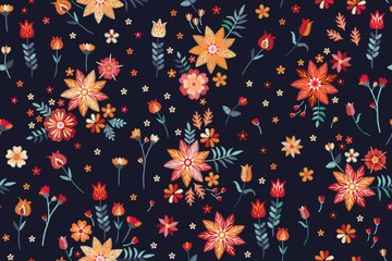 Embroidery seamless pattern with flowers and leaves in folk style. Beautiful print for fabric