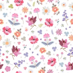Lovely ditsy floral pattern with different beautiful flowers on white background. Seamless design for fabric, wrapping paper, wallpaper.