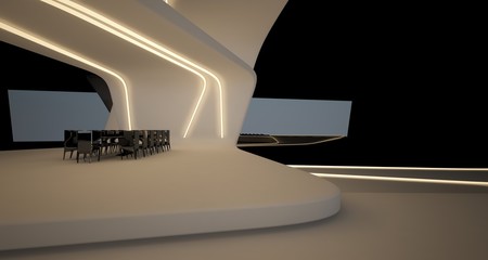 Abstract architectural black and white interior of a modern villa with neon lighting. 3D illustration and rendering.