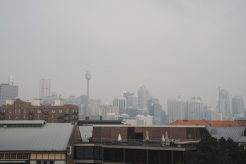 Sydney, NSW - October 30th 2019: The Sydney Skyline is engulfed in smoke from various bushfires in NSW.