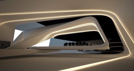 Obraz na płótnie Canvas Abstract architectural black and white interior of a modern villa with neon lighting. 3D illustration and rendering.
