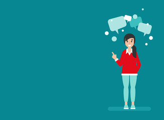 happy girl with big speech bubbles. creative teacher or student helper giving advice.