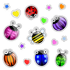 Patch badges with multicoloured funny bugs set. Stickers, pins isolated on white background. Vector illustration in cartoon style