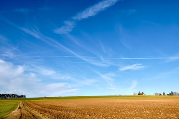 Beautiful Franconian landscape with agricultural fields in the countryside near the village of Tauchersreuth, Germany, in front of blue sky on a warm January day