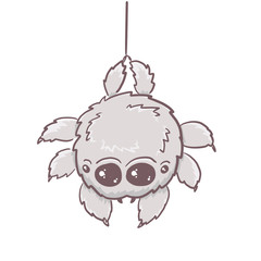 Illustration of a cute grey cartoon little furry spider. A spider hangs on a web. Children's illustration for a poster, t-shirt or children's book.