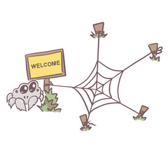 Illustration of a cute grey cartoon little furry spider. Spider is waiting for a visit. The friendly spider. Children's illustration for a poster, t-shirt or children's book.