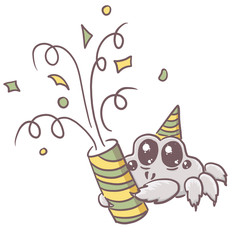 Illustration of a cute grey cartoon little furry spider. A spider in a striped cap and with a firecracker celebrates a birthday. Children's illustration for a poster, t-shirt or children's book