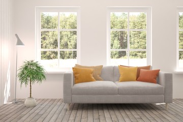 Minimalist living room in white color with sofa and summer landscape in window. Scandinavian interior design. 3D illustration