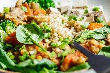 Lentil vegan stew with mushrooms, quinoa, spinach and broccoli in a bowl. Healthy vegan food concept.
