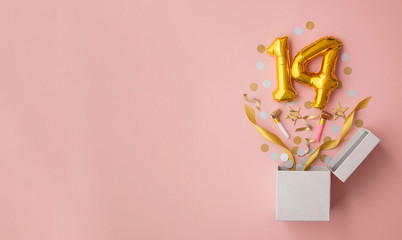 Number 14 birthday balloon celebration gift box lay flat explosion - obrazy, fototapety, plakaty