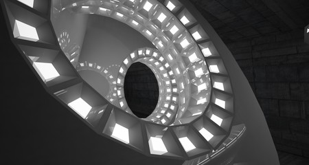 Abstract architectural concrete interior with white glossy discs. Neon lighting. 3D illustration and rendering.
