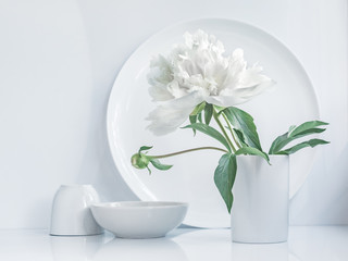 Still life in a minimalist white color scheme. One white peony flower in a vase against a white circle, 2 bowls with a peony leaf.